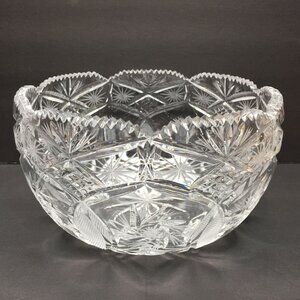Vintage 1950s Crystal Sawtooth Rim Starburst Glass Serving Bowl Candy Fruit Host